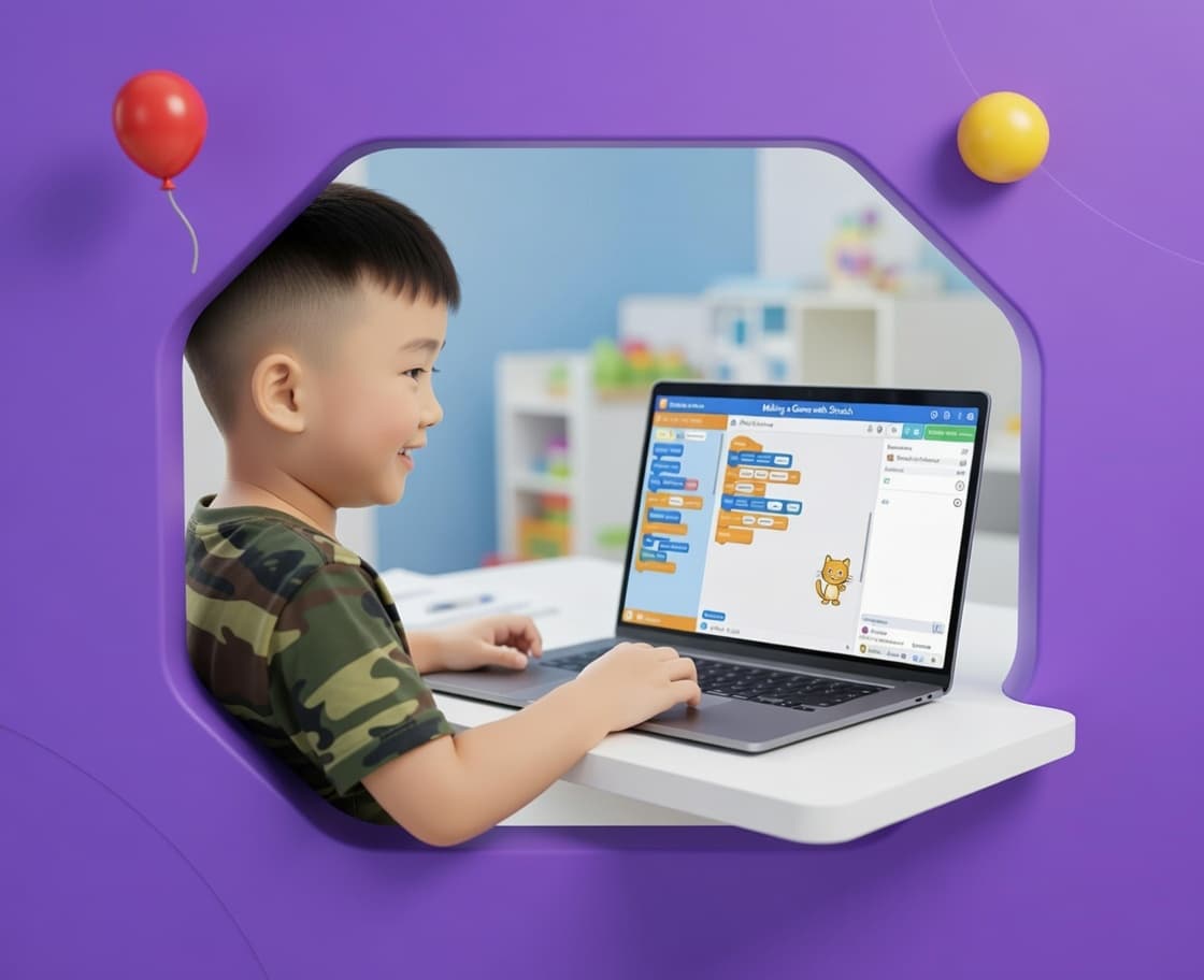 A child learning Scratch programming in a fun, interactive environment